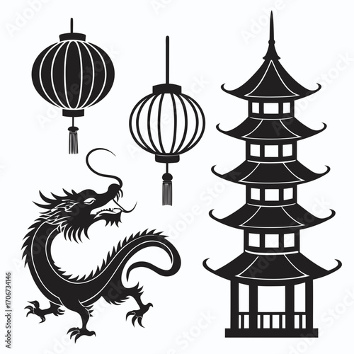 Traditional asian design elements featuring a fierce dragon ornate lanterns and a multi tiered pagoda tower in a striking black silhouette on a white background