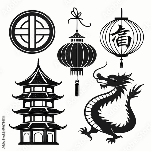 A collection of traditional chinese cultural symbols including a pagoda lanterns a dragon and a circular motif all rendered in a black silhouette style on a white background