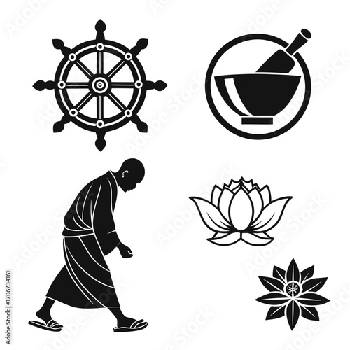 Collection of buddhist symbols including a dharma wheel a monk in silhouette a mortar and pestle and lotus flowers representing spirituality and enlightenment