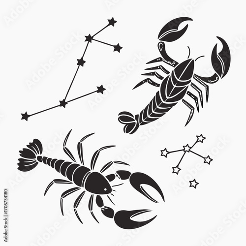 Two stylized black silhouette cancer zodiac sign crustaceans with associated star constellations on a white background representing astrology and celestial themes