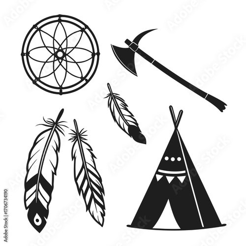 Collection of native american inspired icons including a dreamcatcher tomahawk feathers and a teepee tent presented as black silhouettes on a white background