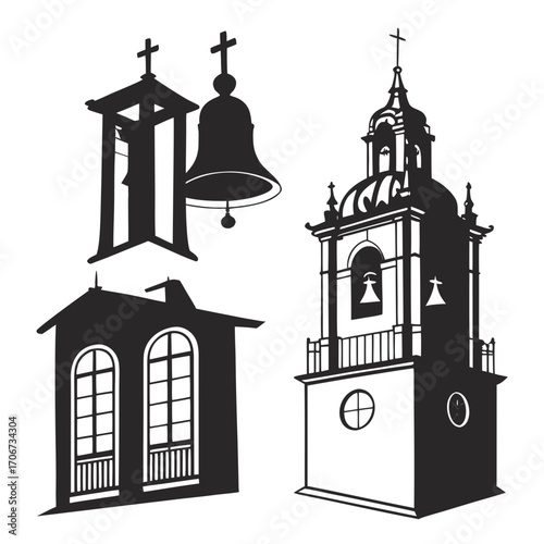 Collection of silhouette architectural elements featuring a bell tower a belfry with a bell and a building with arched windows and a balcony