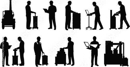 Warehouse worker silhouettes with carts, forklifts, laptops, inventory management, industrial machinery, factory workers, logistics operations, stock handling, industrial equipment 