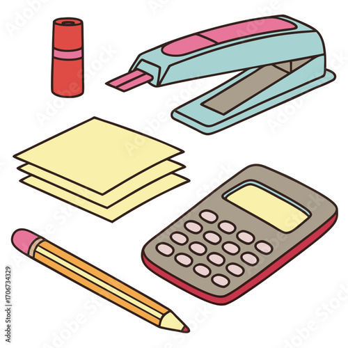 A collection of colorful stationery items including a stapler calculator sticky notes pencil and a red marker arranged in an isometric perspective on a white background