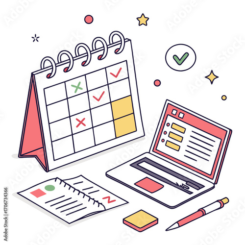 Organized planning with a calendar laptop checklist and pen symbolizing effective time management and task completion for business and personal productivity
