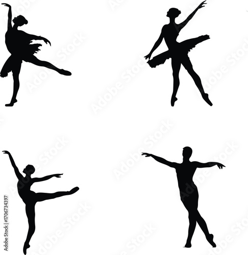 Collection of ballet dancer silhouettes in dynamic poses isolated on white background
