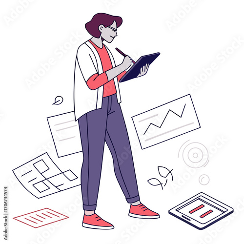 A creative professional woman wearing glasses and casual clothing is actively engaged in digital work using a stylus on a tablet surrounded by various documents and charts