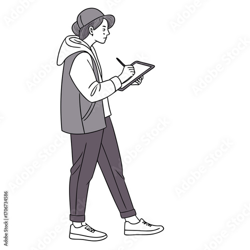 A young person wearing a hat and casual clothing is drawing on a digital tablet with a stylus in a minimalist illustration style