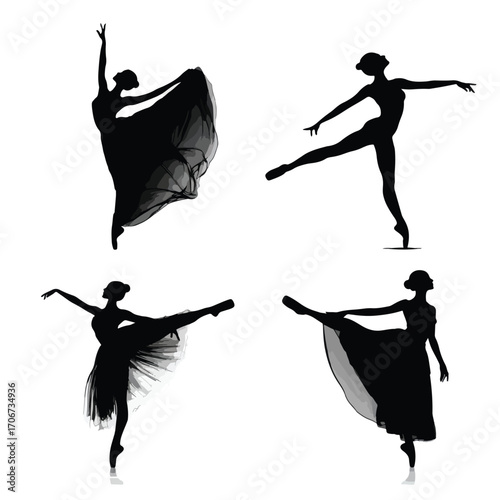 Dynamic dancer silhouettes in various poses isolated on white background silhouette