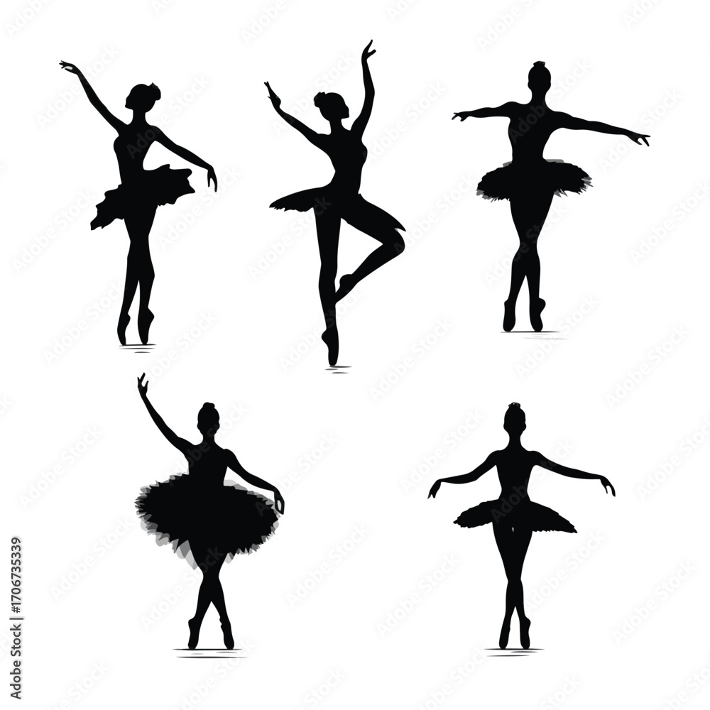 Fototapeta premium Set of graceful dancing ballerina silhouettes in various poses isolated on white background