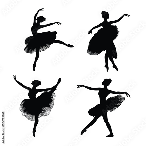Collection of dancing ballerina silhouettes in various poses isolated on white background
