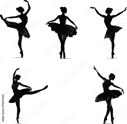 Set of elegant dancing ballerina silhouettes in various poses isolated on white background silhouette