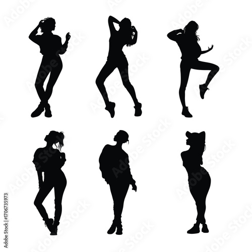 Set of diverse dancing female silhouettes in black and white isolated on white background