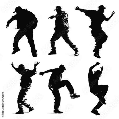 Dynamic hip hop dance silhouette set isolated on white background