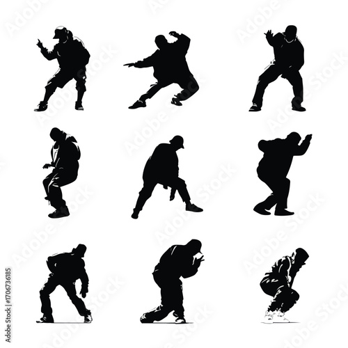Dynamic hip hop dance silhouette set for urban music and street style isolated on white background