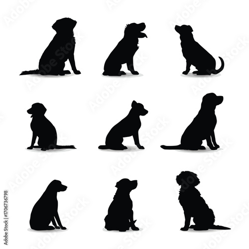 Collection of dog sitting silhouettes isolated on white background