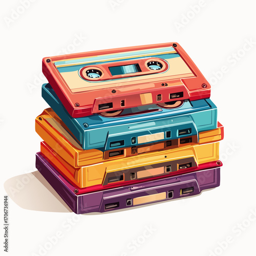 Colorful illustration of a stack of retro cassette tapes. Vintage 1980s and 1990s audio technology concept on a white background