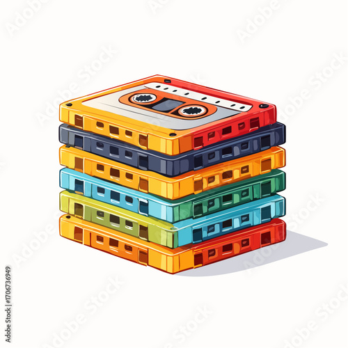 Retro audio music cassette tapes stacked in a colorful pile. Minimalist flat vector symbol isolated on a white background