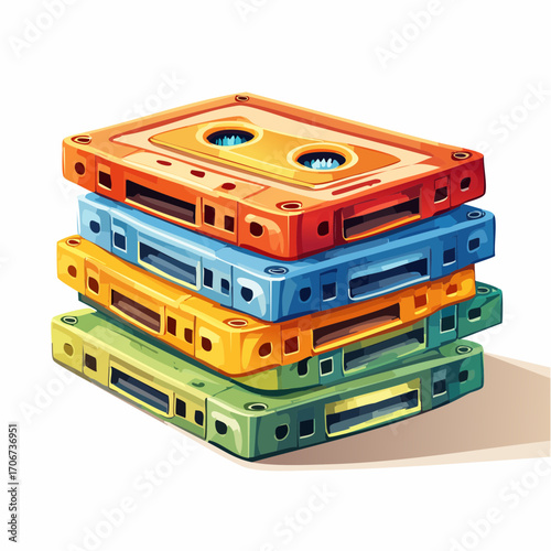 A vibrant and colorful stack of retro audio cassette tapes shown in a clean, minimalist vector style. Nostalgic icon representing 80s and 90s music culture, isolated on a white background