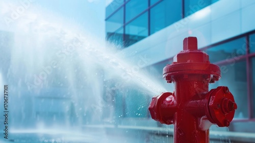 Red Fire Hydrant Spraying Water Against Modern Building