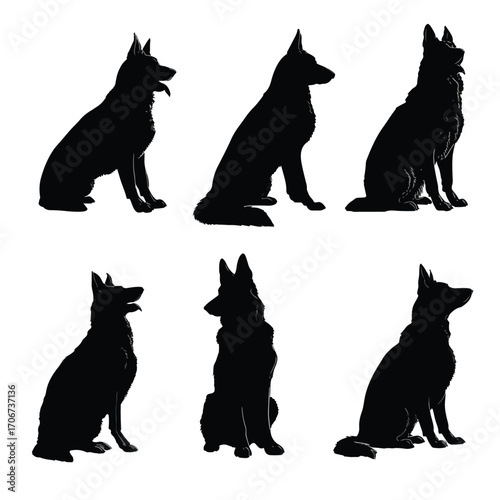 Collection of diverse dog sitting poses in black and white silhouette isolated on white background