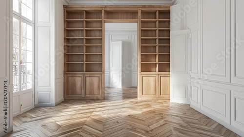 Empty Room with Wooden Bookcase and Chevron Pattern Hardwood Floor