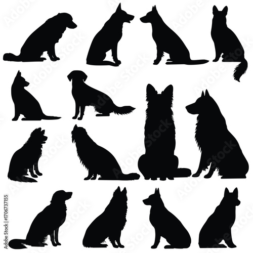 Collection of diverse dog breeds sitting in silhouette style isolated on white background