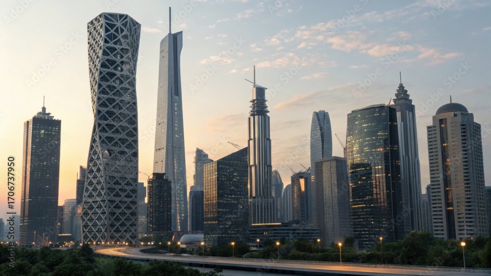 Obraz premium A stunning skyline featuring modern skyscrapers at sunset, showcasing unique architectural designs and urban development.