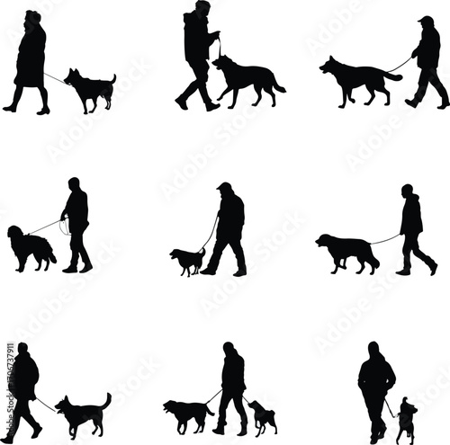 Collection of dog walking silhouettes isolated on white background