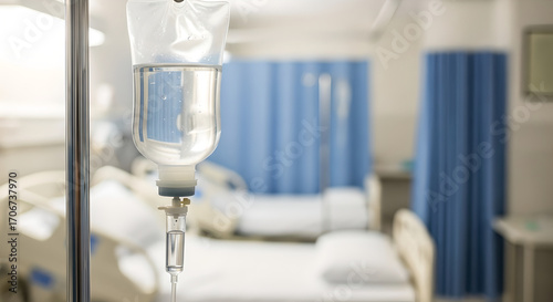 Intravenous (IV) Bag with a Blurry Hospital Room Background