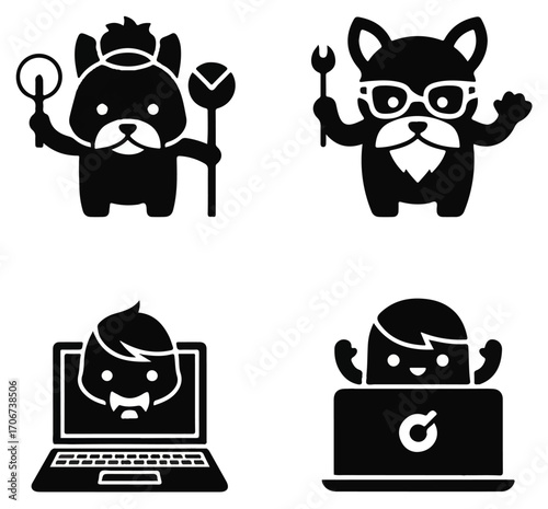 Four stylized black and white icons depicting cartoon characters related to technology and problem-solving.