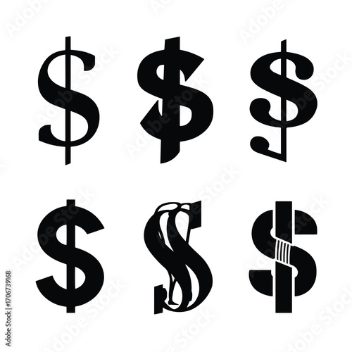 Collection of black and white dollar sign silhouettes isolated on white background