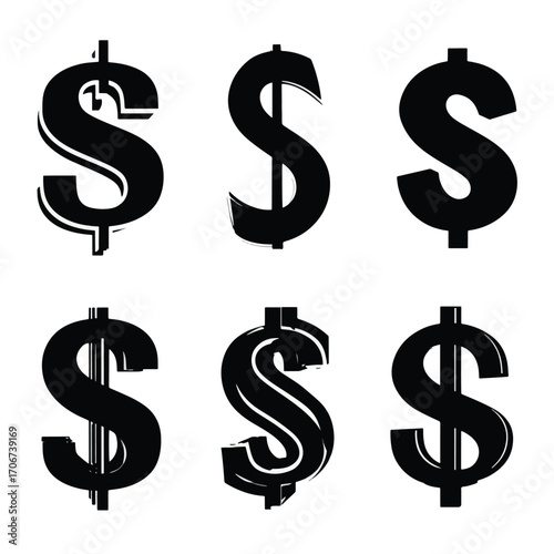 Collection of dollar sign silhouettes isolated on white background