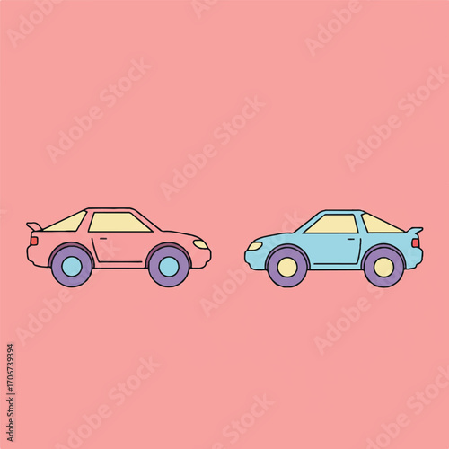Two cartoon cars, one pink and one blue, facing each other on a pink background.