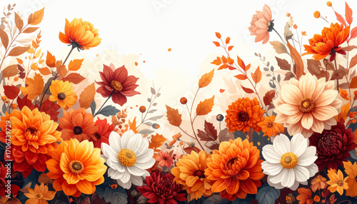 Autumn florals with soft color palette. Golden fall blooms with rich hues. Colorful autumn flowers in bloom. Autumnal flowers with vibrant petals. Seasonal floral burst in autumn tones