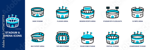Stadium & Arena Blue Colored Outline Icon Set
