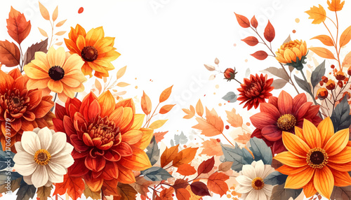 Autumn floral arrangement with leaves. Vibrant fall flowers with soft tones. Seasonal floral burst in autumn. Colorful flowers with orange leaves. Fall-inspired floral decor artwork