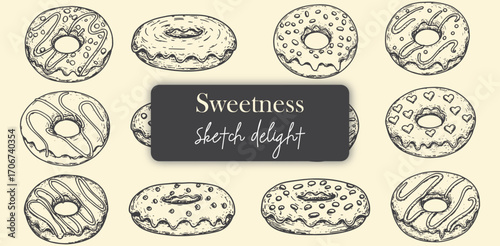 Hand Drawn Donuts Sweet Indulgence Artistic Dessert Sketch Illustration of Tasty Treats Sweetness Delight in Black and