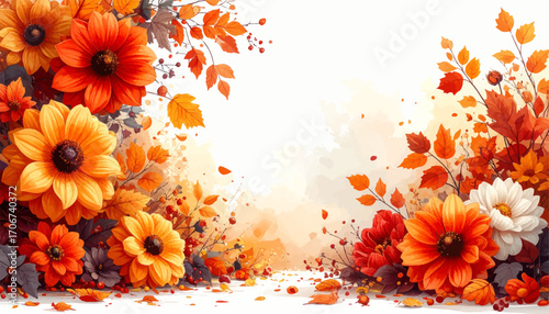 Autumn Floral Pathway Art. Fall Flower Landscape Decoration. Rustic Autumn Blooming Design. Floral Autumn Garden Path. Fall Foliage and Flower Art. Autumn Flower Pathway Design