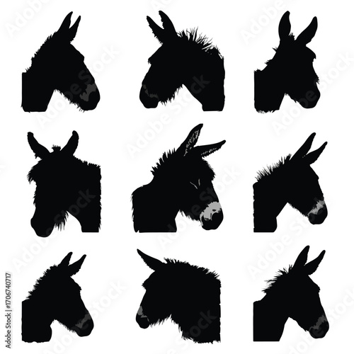Collection of donkey head silhouettes isolated on white background