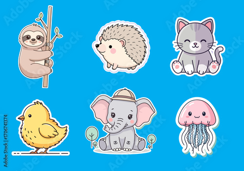 Adorable Kawaii Animal Stickers Sloth, Hedgehog, Cat, Chick, Elephant, Jellyfish
