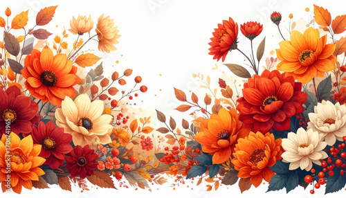 Vibrant floral art for commercial use. Autumn flowers in stunning bloom. Rich floral pattern for seasonal design. Colorful bouquet artwork for decorations. Dynamic flower art for autumn themes