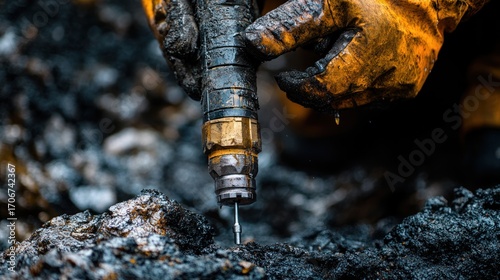 Close-up of Gloved Hands Using a Drill on Dark Substance