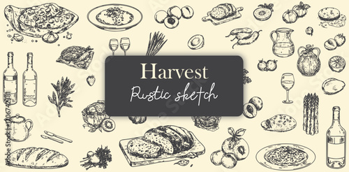 Rustic Harvest Sketch Wine Bread Fruits Vegetables and Delicacies Vintage Hand Drawn Food Illustration Perfect for