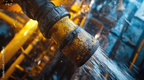 Industrial Water Discharge: Close-up of a Yellow Pipe Spouting Water