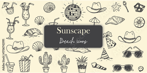 Sunscape beach icons for creative design with disco ball cocktail summer hat party shell glass and vacation elements in