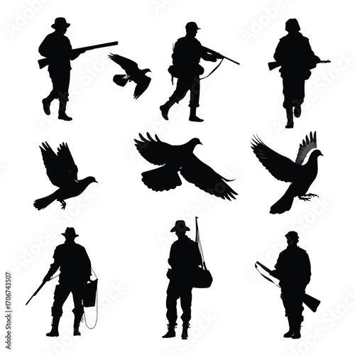 Collection of dove hunting silhouettes isolated on white background