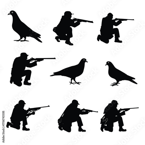 Black and white dove hunting silhouette set isolated on white background