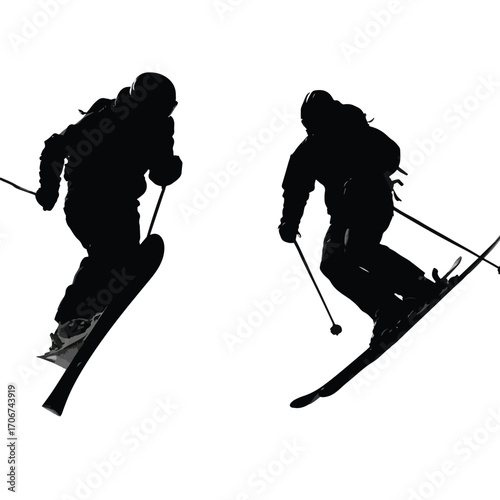 Dynamic downhill skiing silhouette set for winter sports graphics isolated on white background
