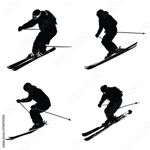 Dynamic downhill skier silhouette set for winter sports graphics isolated on white background